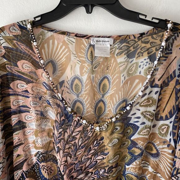 Studio 36 Kaftin Tunic SZ M/L Semi Sheer Beaded Oversized Beach Vacation Travel - Picture 2 of 9